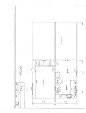 Architectural floor plan showing a two-story home layout with a living room, kitchen, dining area, and upper-level rooms.