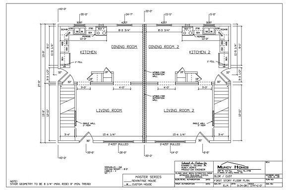 Floor plan for a duplex featuring two mirror-image units with a kitchen, living room, bedroom, and bathroom in each.