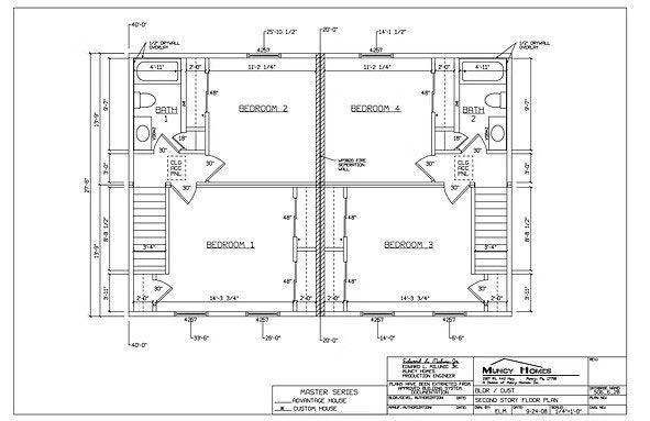 Architectural floor plan showing a mirror-image duplex with two bedrooms, bathrooms, and living areas on each side.