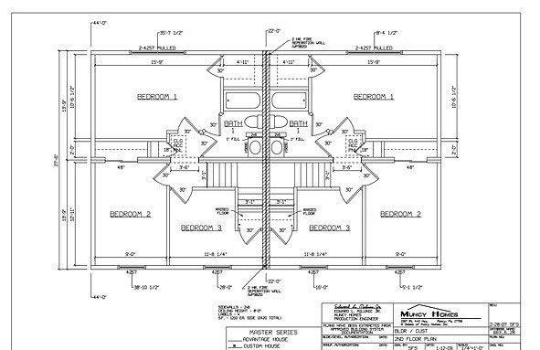 Architectural floor plan showing a duplex layout with two mirror-image living units featuring bedrooms, baths, and stairs.