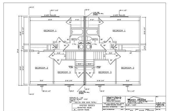 Architectural floor plan showing a symmetrical two-unit residential layout with labeled bedrooms and dimensions.