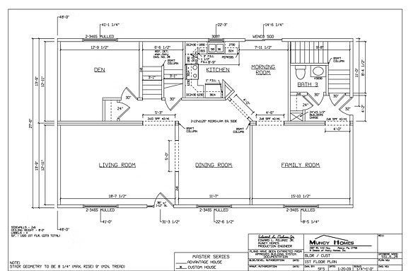 Architectural floor plan of a home, showing labeled rooms, dimensions, and layout features for construction.