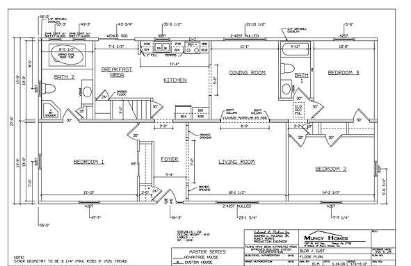A technical architectural floor plan for a three-bedroom, two-bathroom residential home layout.