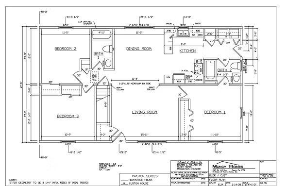 Architectural floor plan showing a layout with three bedrooms, a living room, dining room, kitchen, and two bathrooms.