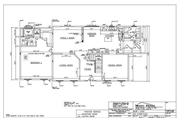 Architectural floor plan showing the first floor layout of a residential home, including rooms, stairs, and dimensions.