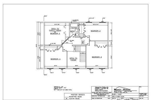 Architectural floor plan showing a layout of four bedrooms, a bathroom, and stairs for a residential building.