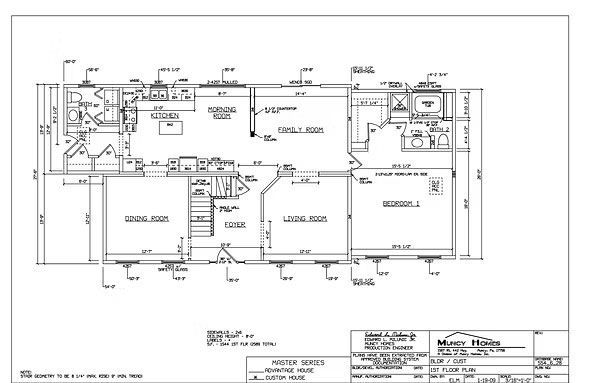 Architectural floor plan for a residential house featuring a garage, utility room, kitchen, family room, and bedrooms.