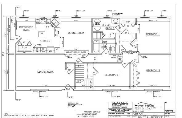 Architectural floor plan showing the layout of a single-story house with a kitchen, living room, and three bedrooms.