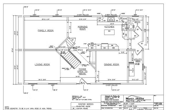 Architectural floor plan for the first floor of a house, detailing room layouts, dimensions, and structural elements.