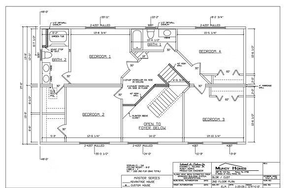 Architectural floor plan showing the upper level of a house with three bedrooms, two bathrooms, and a central staircase.