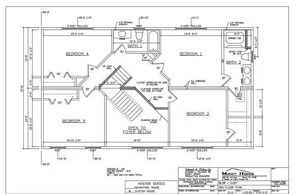 Architectural floor plan for the second level of a house, detailing bedrooms, a bathroom, a kitchen, and a staircase.