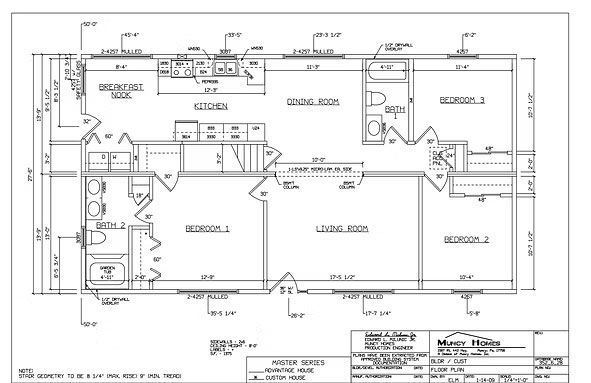 Floor plan for a single-story modular home featuring a kitchen, living area, three bedrooms, and two bathrooms.