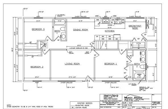 Architectural floor plan of a 3-bedroom residential home showing dimensions for rooms, walls, and doorways.