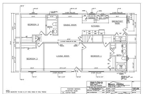 A floor plan showing a home layout with a living room, kitchen, three bedrooms, and two bathrooms.