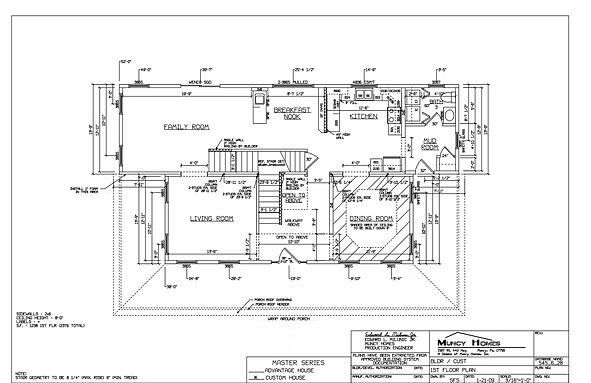 Architectural floor plan showing the layout of a single-story home with a family room, kitchen, living room, and porch.