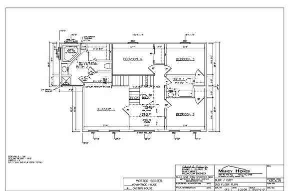A floor plan showing a residential second level with four bedrooms, two bathrooms, and a central hallway with stairs.