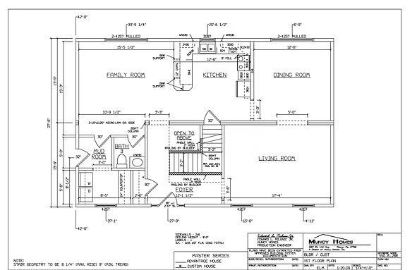 Black and white floor plan for a residential home, showing the layout of the family room, kitchen, dining area, and stairs.