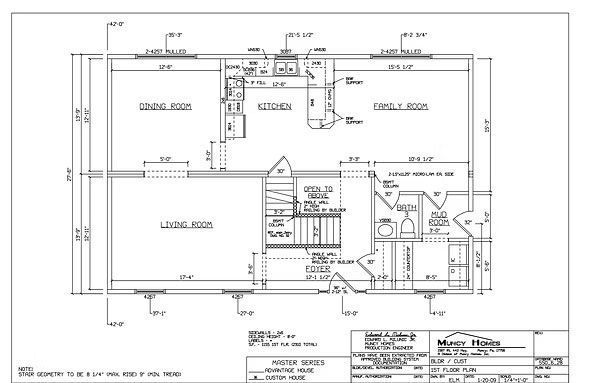 Architectural floor plan showing the layout of the first floor, including the kitchen, living, dining, and family rooms.