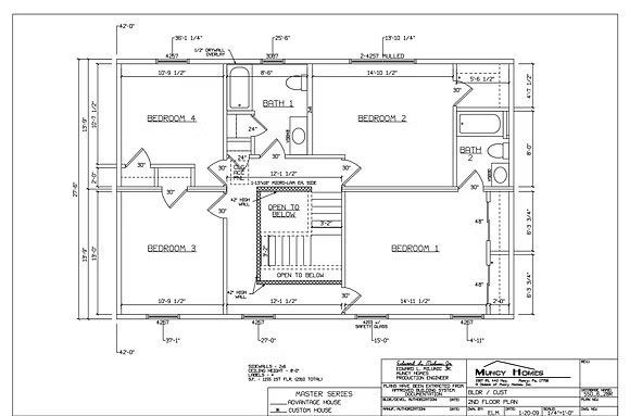 Technical floor plan showing the layout of four bedrooms, two bathrooms, and a stairwell on the second floor of a home.