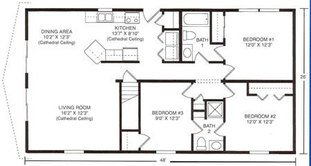A floor plan for a house featuring a living room, dining area, kitchen, three bedrooms, two bathrooms, and stairs.