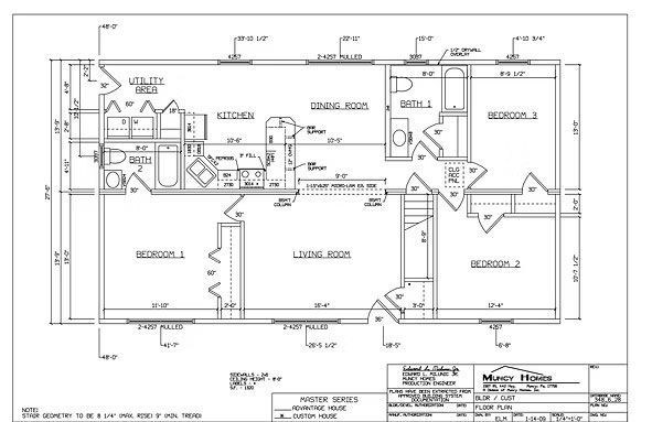 Architectural floor plan for a three-bedroom, two-bathroom house with a kitchen, living room, and utility room.