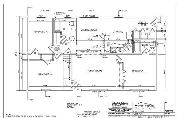 A architectural floor plan showing a residential layout with three bedrooms, two bathrooms, a living room, and a kitchen.