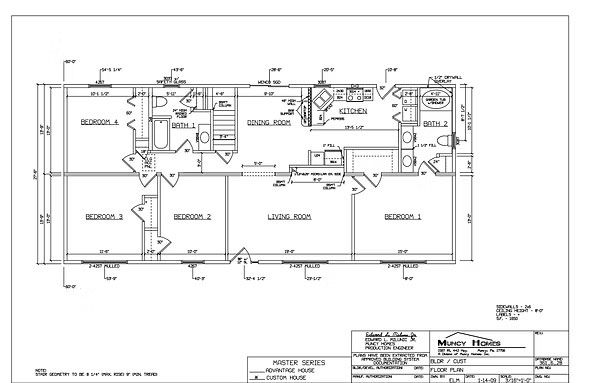 A technical floor plan of a house with four bedrooms, two bathrooms, a living room, and a kitchen.