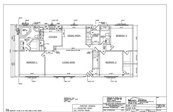 Floor plan for a three-bedroom manufactured home with a central kitchen, dining, and living area.