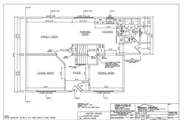 Architectural floor plan showing the layout of a single-story house with a living room, dining room, kitchen, and deck.