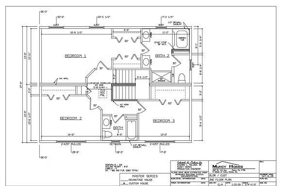 Architectural blueprint of a residential second-floor plan showing the layout of bedrooms, bathrooms, and a hallway.