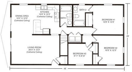 A black-and-white floor plan for a house measuring 48' by 36', showing the layout of bedrooms, bathrooms, and living areas.