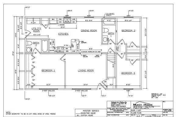 Architectural floor plan for a house featuring three bedrooms, a living room, a dining area, a kitchen, and two bathrooms.