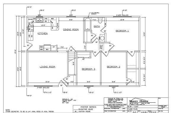 A technical floor plan diagram for a residential home, showing dimensions and layouts of rooms, kitchen, and bathrooms.