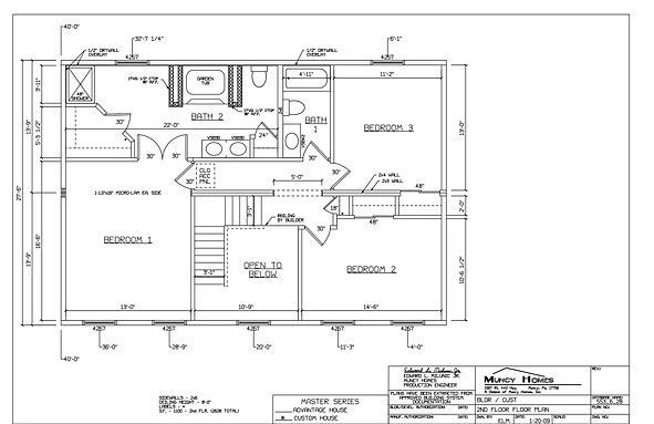 Architectural floor plan showing the layout of three bedrooms, a bathroom, and stairs for the second floor of a house.