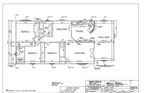 Floor plan for a three-bedroom manufactured home by Main Homes, showing room layouts, dimensions, and structural features.