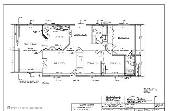 A black-and-white architectural floor plan for a modular home, displaying room dimensions, layout, and structural labels.
