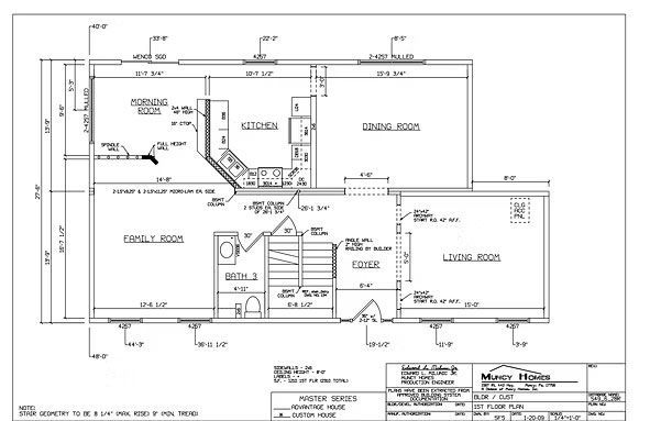 Floor plan of a one-story house showing rooms, doors, and window placements with architectural measurement annotations.