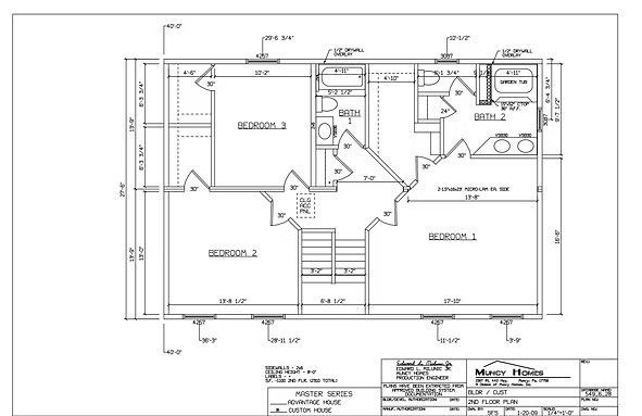 Architectural floor plan showing a residential second floor with three bedrooms, a bathroom, and a central staircase.