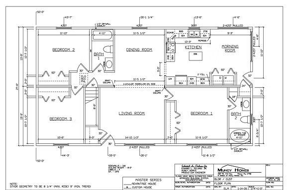 Architectural floor plan for a residential house featuring three bedrooms, a living room, kitchen, and two bathrooms.