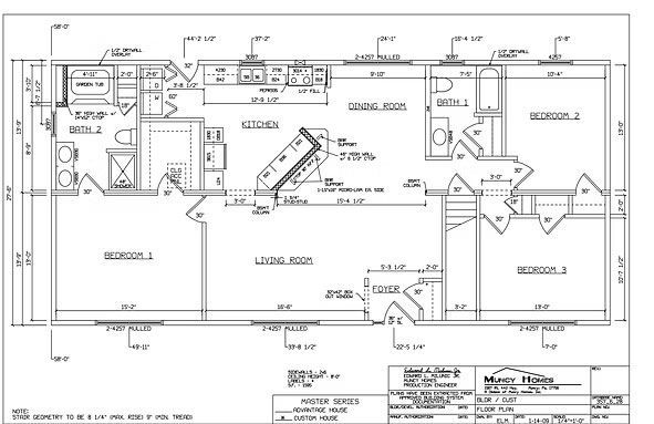 Architectural floor plan showing a residential layout with three bedrooms, two bathrooms, kitchen, and living area.