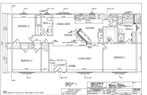 Architectural floor plan for a residential house featuring three bedrooms, two bathrooms, kitchen, and living area.