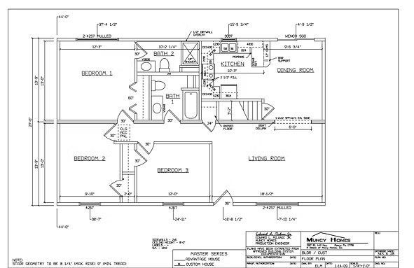 Floor plan of a three-bedroom house showing the kitchen, living room, and two bathrooms with dimensions labeled.