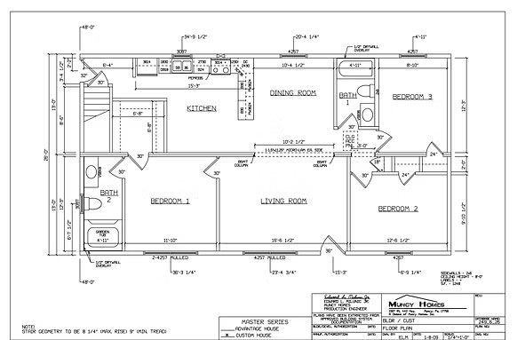 Floor plan for a three-bedroom house, showing the layout of rooms, kitchen, and bathrooms with measurements.