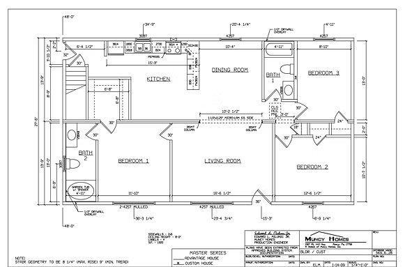 Architectural floor plan for a house featuring a kitchen, living room, three bedrooms, and two bathrooms.