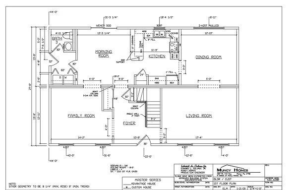 Architectural floor plan for the first floor of a house, showing rooms, walls, dimensions, and layout features.
