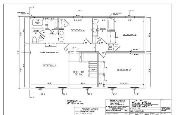 Architectural floor plan showing the layout of the second story, including bedroom placements, bathrooms, and stairs.