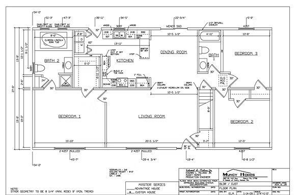 A floor plan for a manufactured home featuring three bedrooms, two bathrooms, a central kitchen, and a living area.