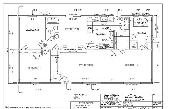 Architectural floor plan for a 3-bedroom, 2-bathroom residential home featuring a central living room and kitchen.