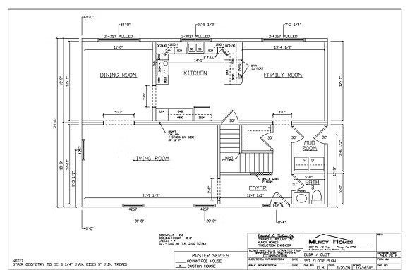 Architectural floor plan for the main level of a house, detailing layout of living, dining, and kitchen areas.