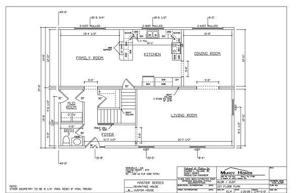 Architectural floor plan showing the layout of the first floor, including the kitchen, family room, dining, and living room.